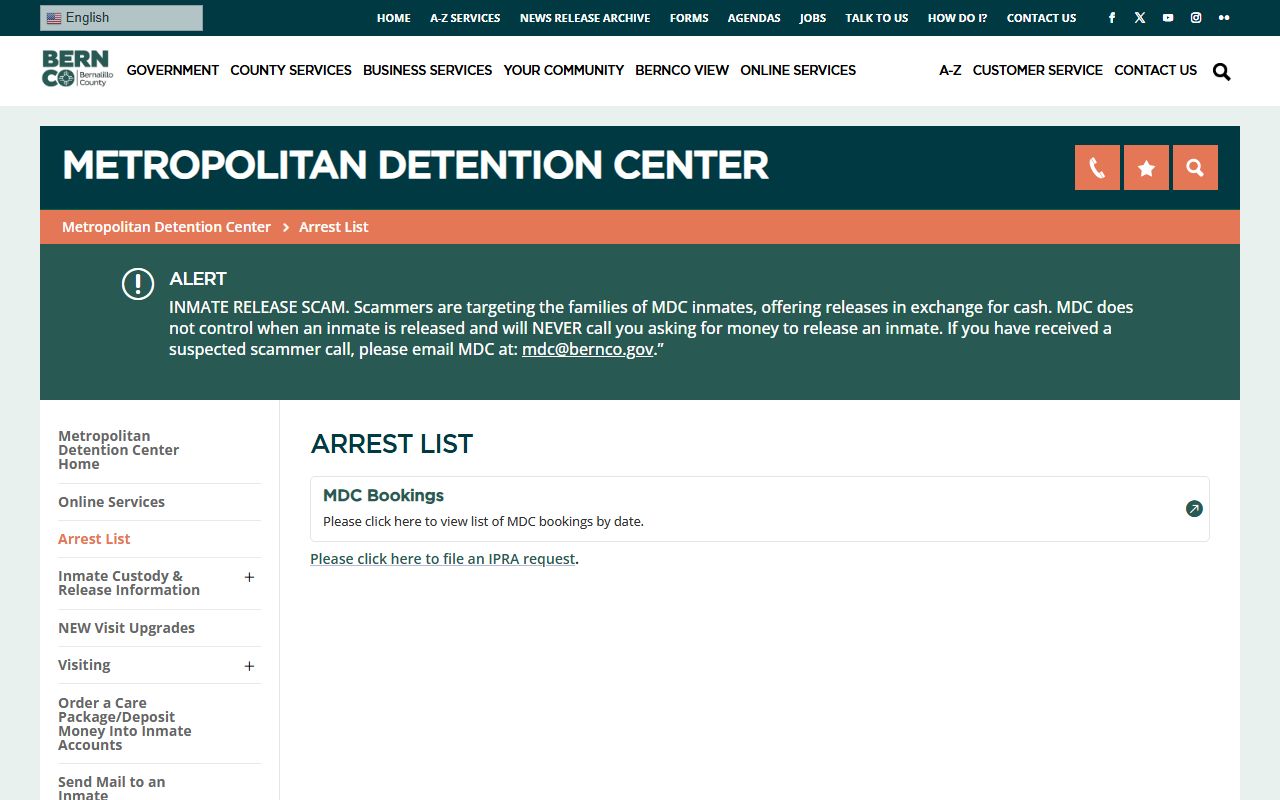 Bernalillo County jail mugshots MDC arrest list page
