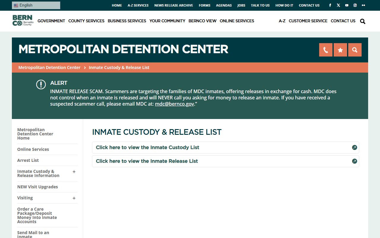 Bernalillo County inmate population custody and release list overview