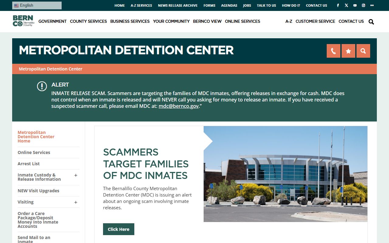 Bernalillo County inmate population official MDC home page
