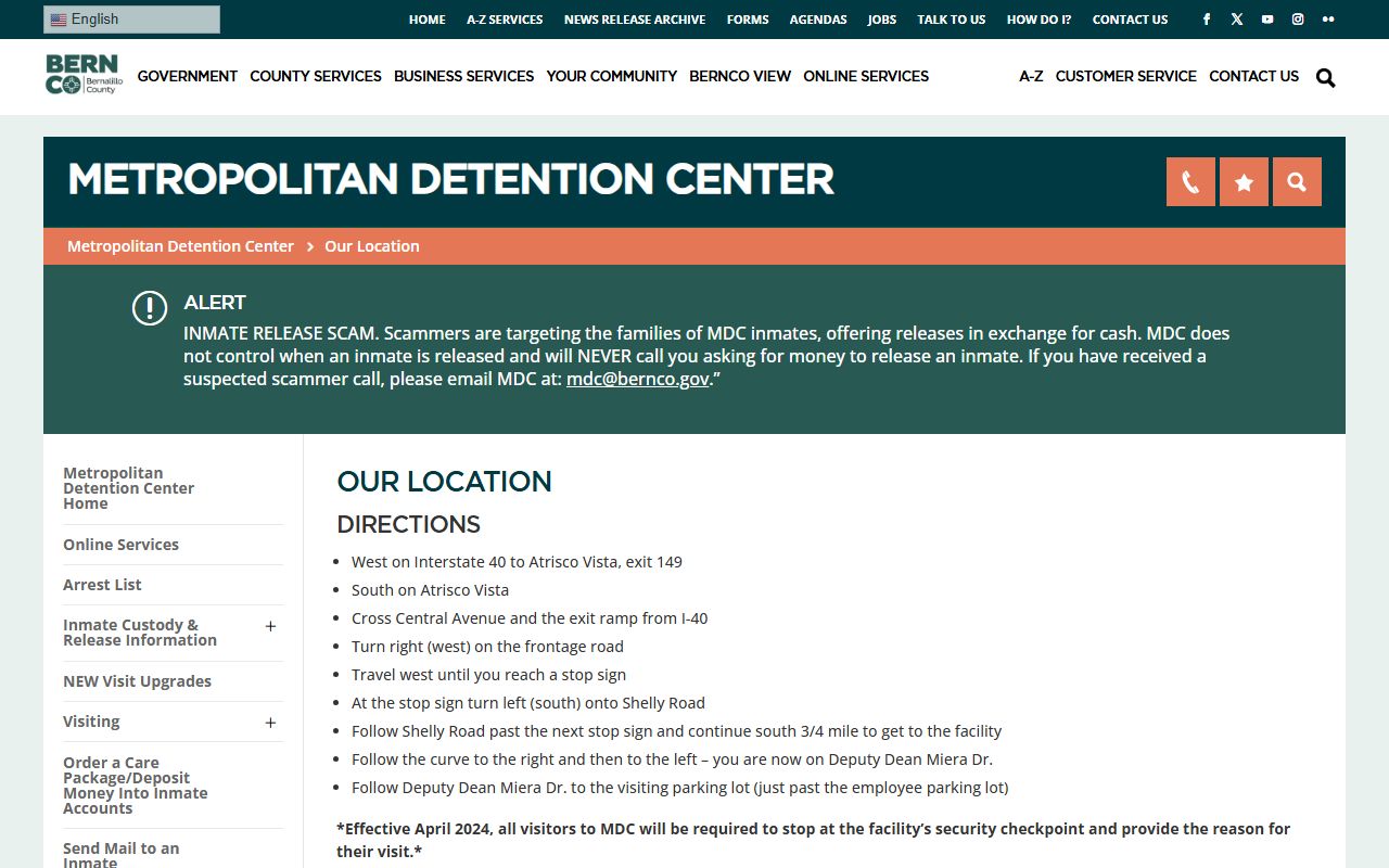 Bernalillo County Metropolitan Detention Center address and phone page