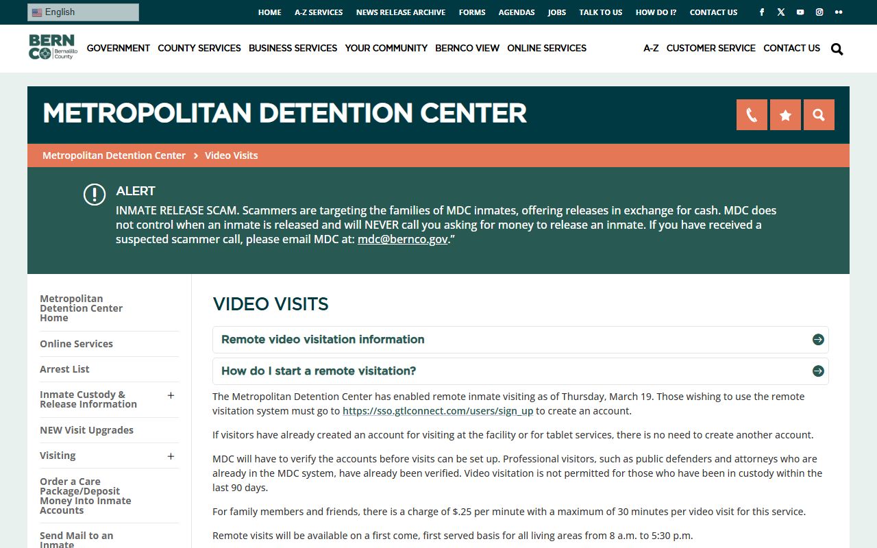 Bernalillo County Metropolitan Detention Center video visitation rules